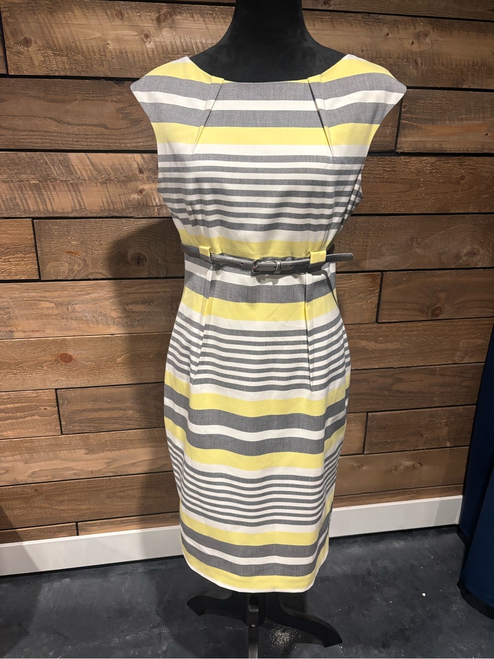 Calvin Klein Yellow, Gray and White Stripe Midi Sheath Dress